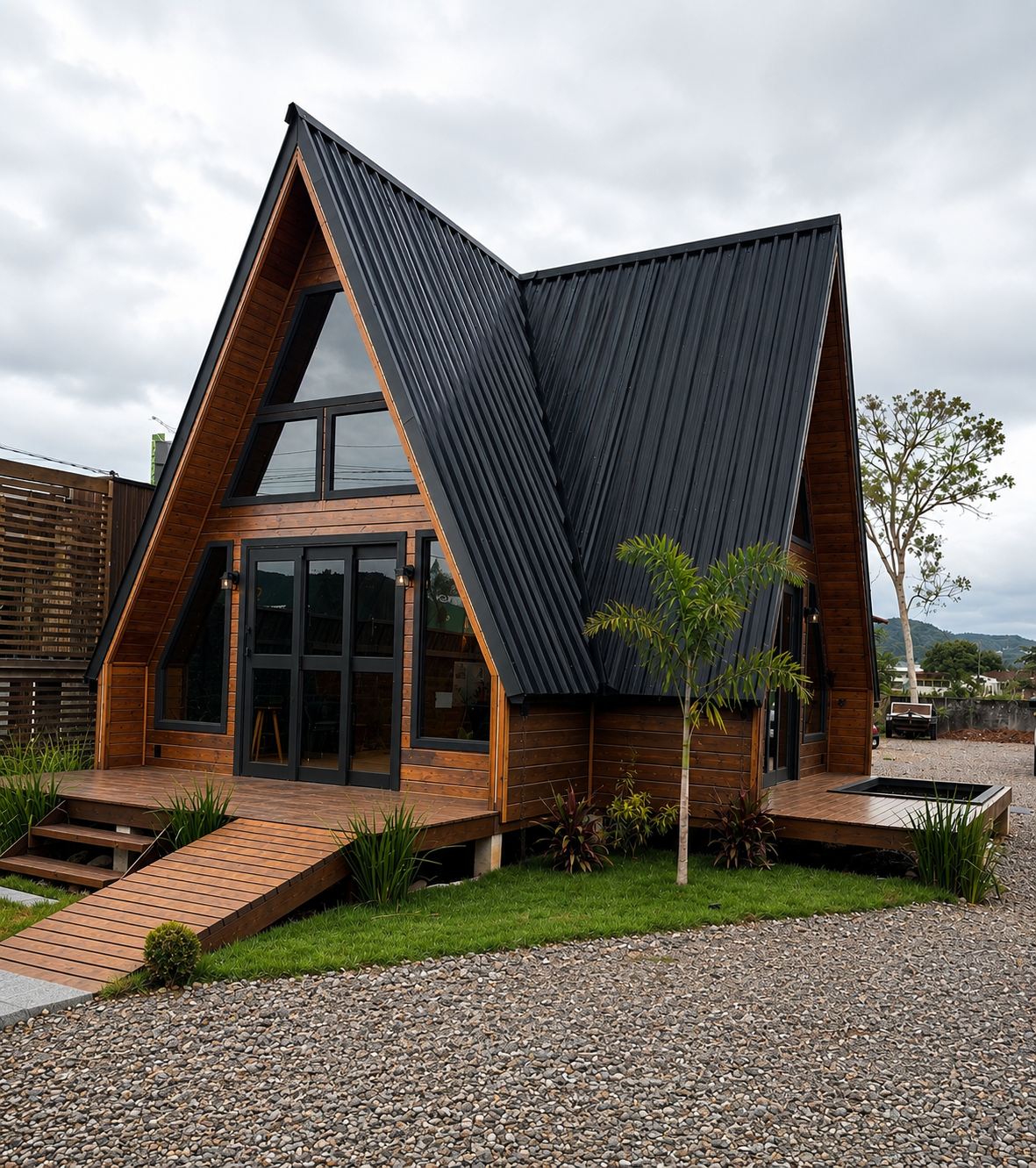 Chalé A-frame duplo com telhado metálico escuro